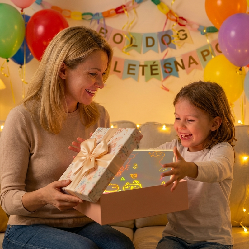 Pizarra acrílica infantil borrable con luz LED · Tamaños S–L