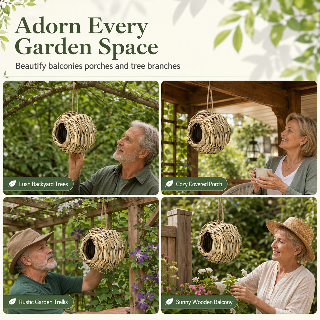 Handwoven Straw Spherical Bird Nest with Round Opening for Outdoor Garden and Yard Decoration