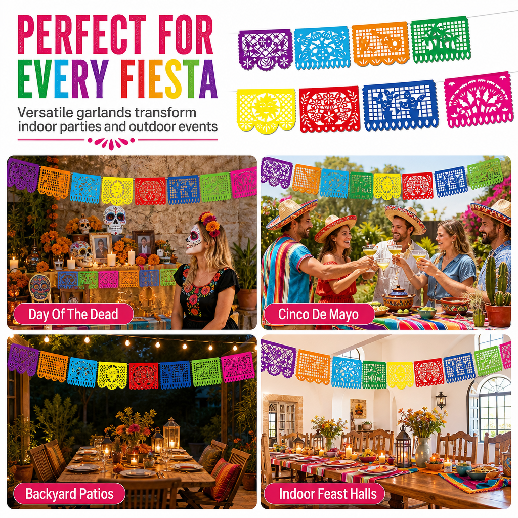 Guirnalda mexicana de papel picado para Día de Muertos, Cinco de Mayo y Halloween