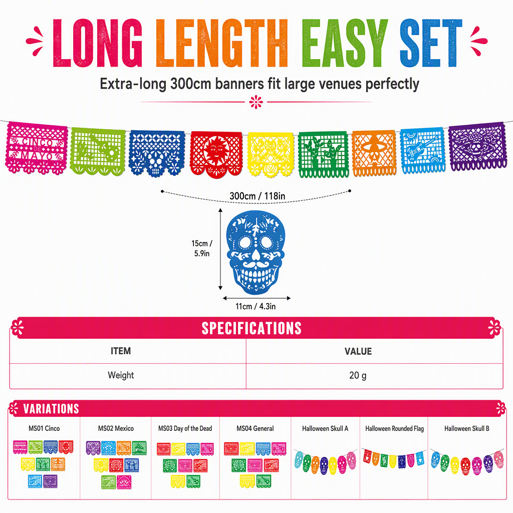 Guirnalda mexicana de papel picado para Día de Muertos, Cinco de Mayo y Halloween