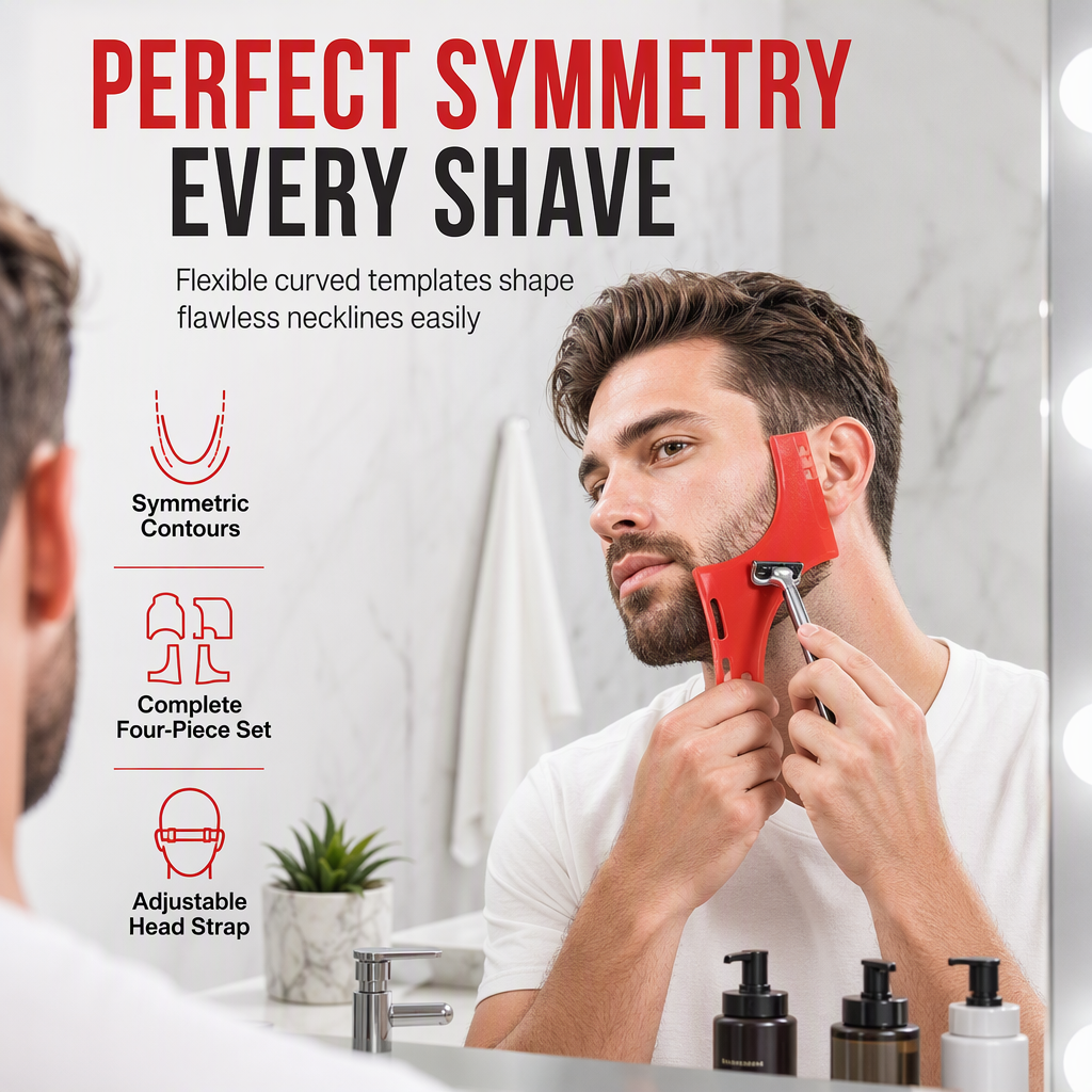 Red 4-Piece Beard Shaping Tool and Hair Styling Comb Set with Neckline Hair Trimming