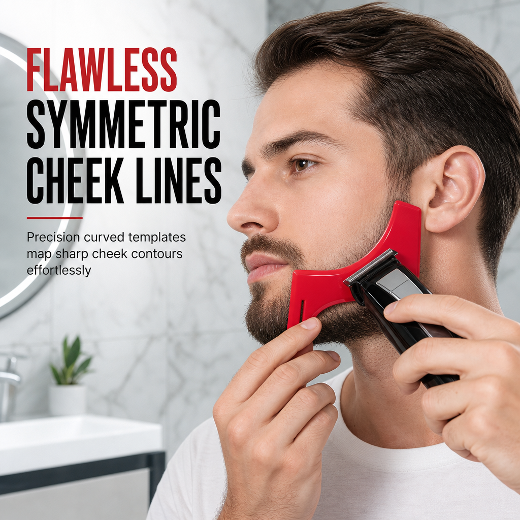 Red 4-Piece Beard Shaping Tool and Hair Styling Comb Set with Neckline Hair Trimming