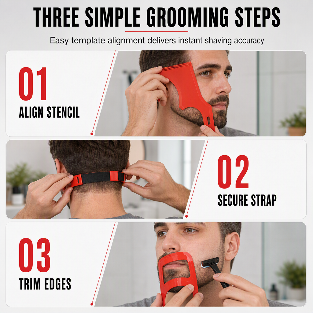 Red 4-Piece Beard Shaping Tool and Hair Styling Comb Set with Neckline Hair Trimming