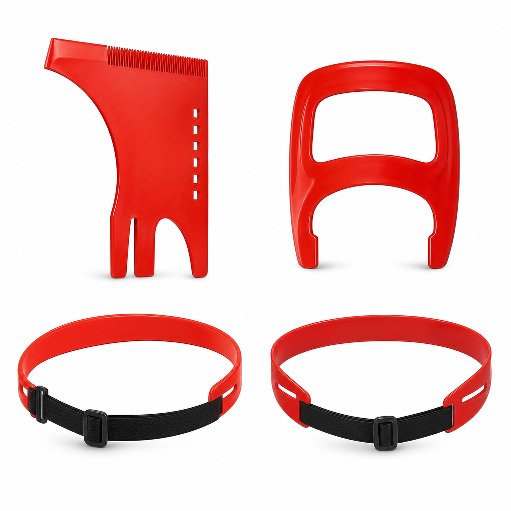 Red 4-Piece Beard Shaping Tool and Hair Styling Comb Set with Neckline Hair Trimming