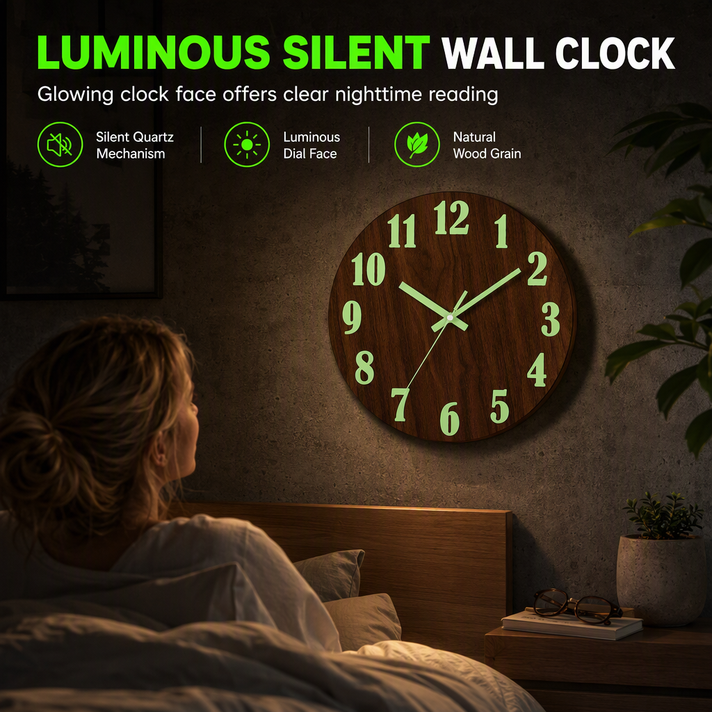 🔥 Oferta por tiempo limitado 🕰️ Reloj de pared silencioso de 30 cm con efecto madera y números luminosos ✨