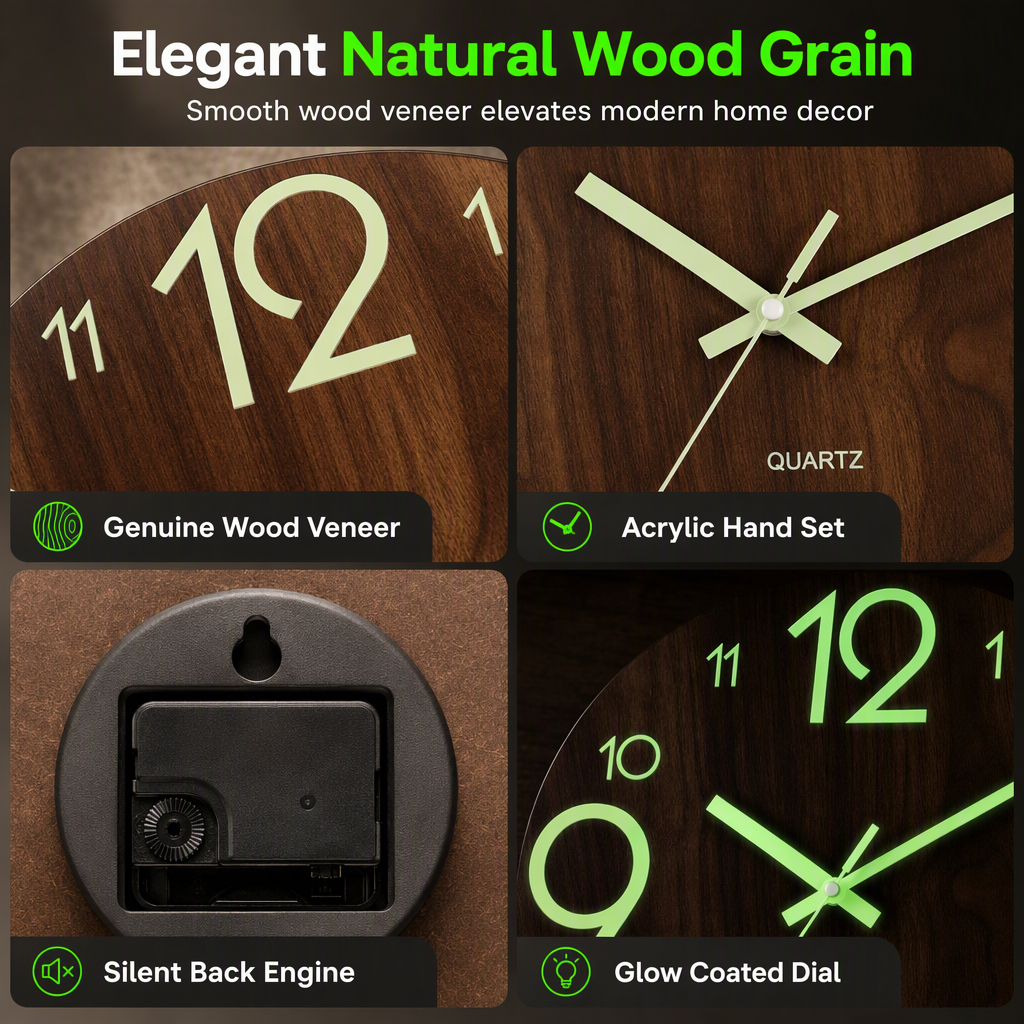 🔥 Oferta por tiempo limitado 🕰️ Reloj de pared silencioso de 30 cm con efecto madera y números luminosos ✨