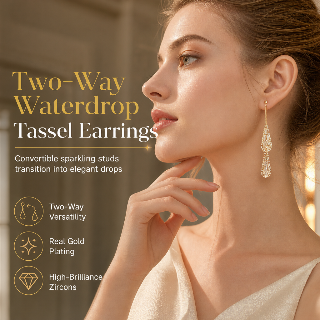 📢📢 ¡50% DE DESCUENTO! ⏰ Aretes Colgantes de Gota con Circonias y Borla para Mujer ✨ Baño de Oro y Doble Uso
