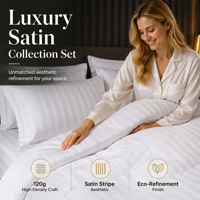 🛏️¡50% DE DESCUENTO POR TIEMPO LIMITADO! ✨Juego de Cama a Rayas Satinadas Estilo Hotel — Tela de 120g, Lazos Interiores, 7 Colores✨