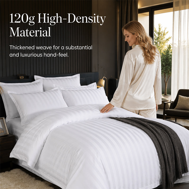 🛏️¡50% DE DESCUENTO POR TIEMPO LIMITADO! ✨Juego de Cama a Rayas Satinadas Estilo Hotel — Tela de 120g, Lazos Interiores, 7 Colores✨