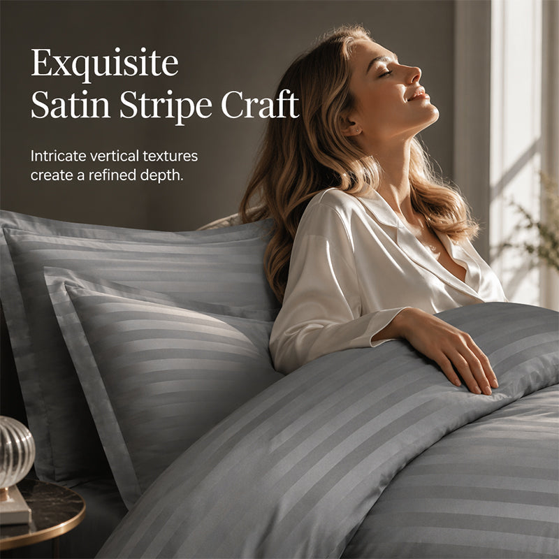 🛏️¡50% DE DESCUENTO POR TIEMPO LIMITADO! ✨Juego de Cama a Rayas Satinadas Estilo Hotel — Tela de 120g, Lazos Interiores, 7 Colores✨