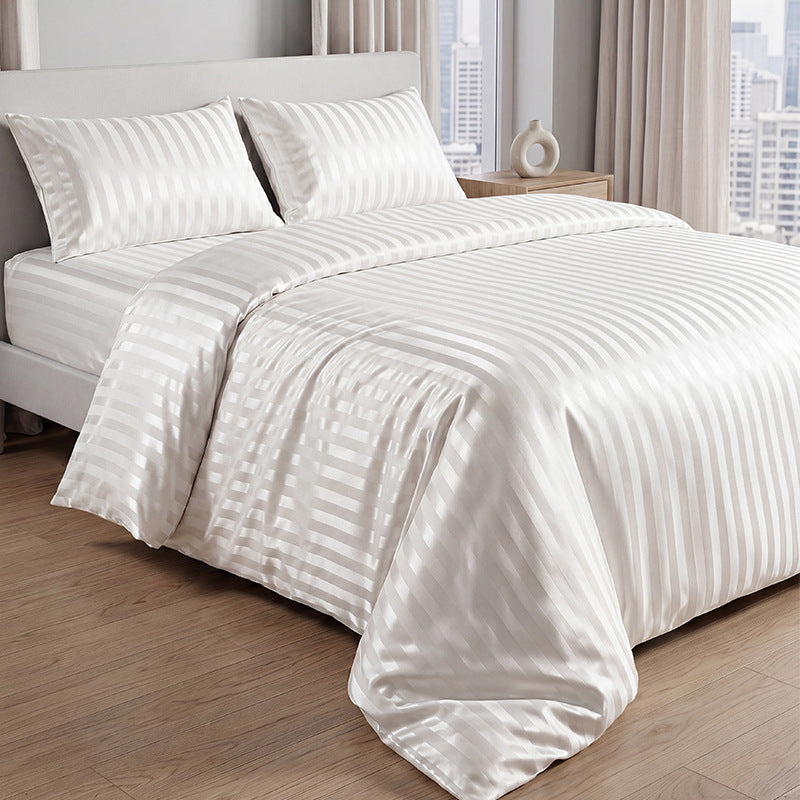 🛏️¡50% DE DESCUENTO POR TIEMPO LIMITADO! ✨Juego de Cama a Rayas Satinadas Estilo Hotel — Tela de 120g, Lazos Interiores, 7 Colores✨