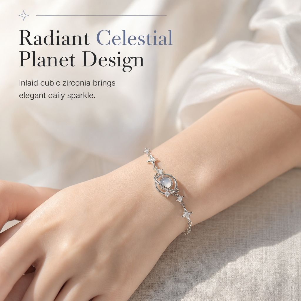 🎁¡50% de Descuento!💥Pulsera de Plata S925 con Dije de Planeta y Estrella – Hipoalergénica y Elegante✨
