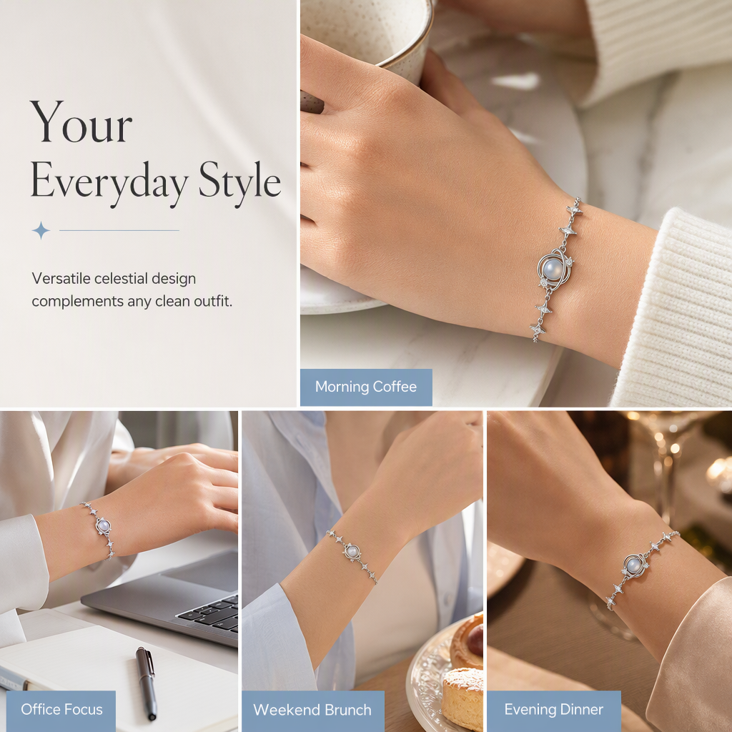 🎁¡50% de Descuento!💥Pulsera de Plata S925 con Dije de Planeta y Estrella – Hipoalergénica y Elegante✨
