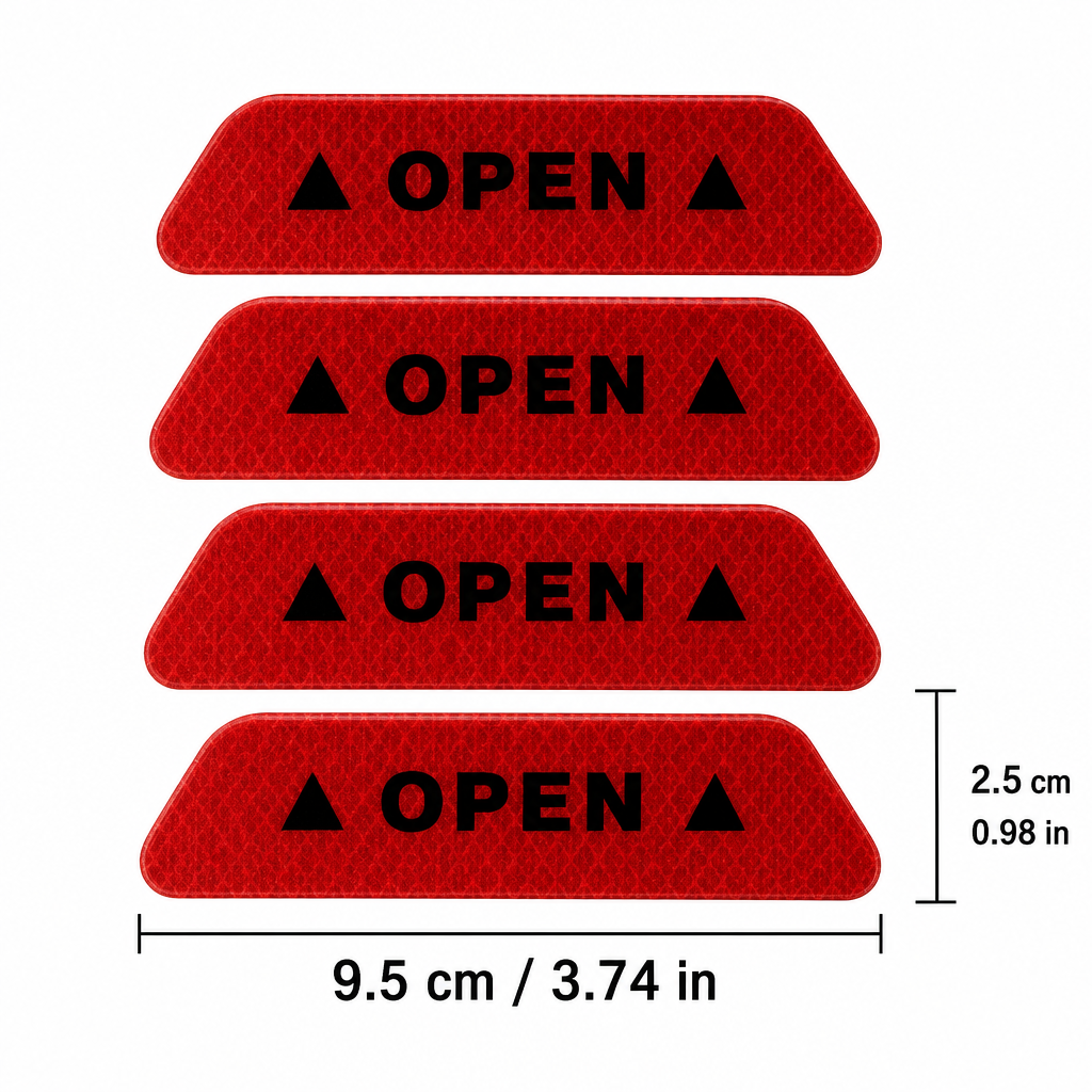 Calcomanías Reflejantes de Seguridad "OPEN" para Puertas de Auto (Set de 4 Piezas)