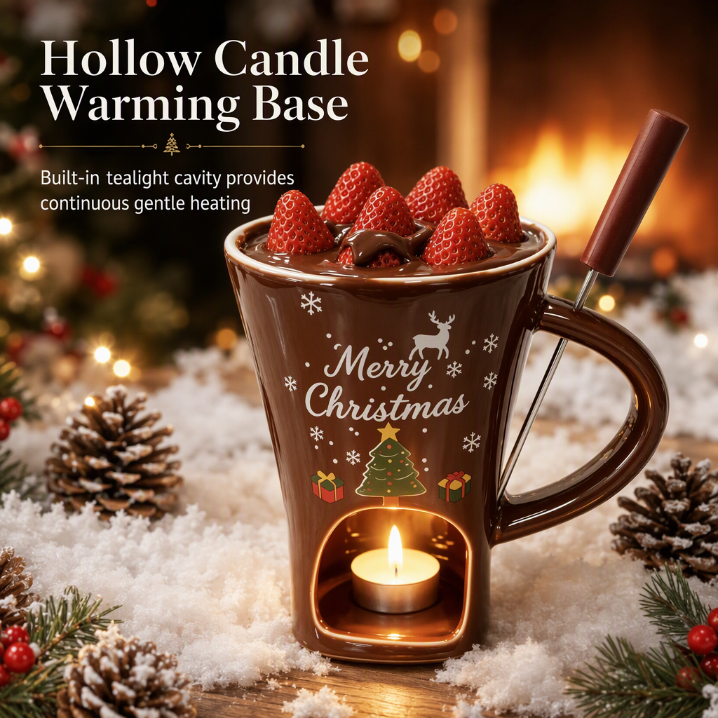 Set de Taza de Cerámica para Fondue de Chocolate Navideño