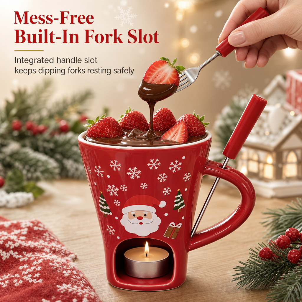 Set de Taza de Cerámica para Fondue de Chocolate Navideño