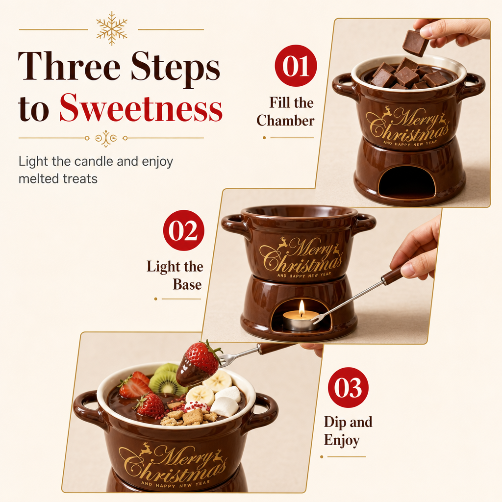 Set de Taza de Cerámica para Fondue de Chocolate Navideño