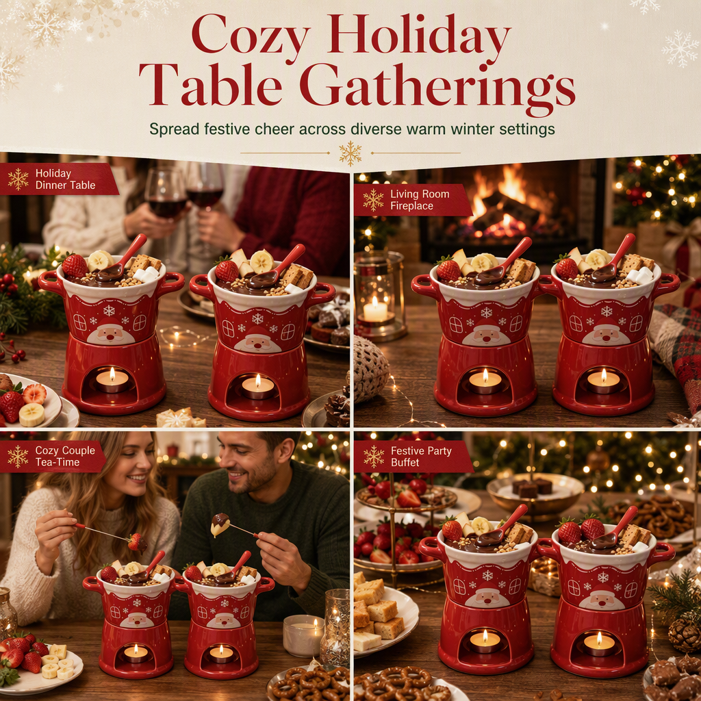 Set de Taza de Cerámica para Fondue de Chocolate Navideño