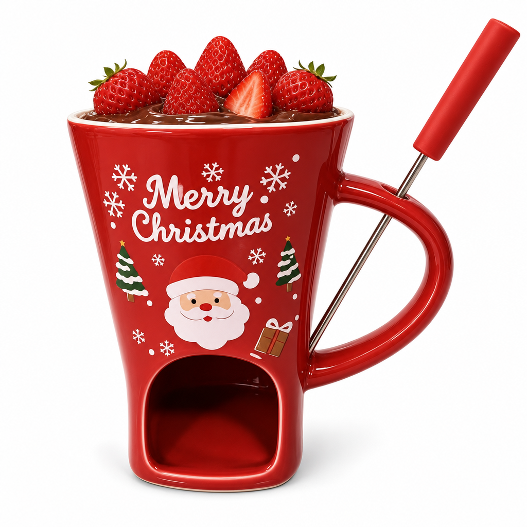 Set de Taza de Cerámica para Fondue de Chocolate Navideño