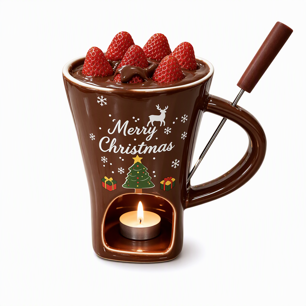 Set de Taza de Cerámica para Fondue de Chocolate Navideño
