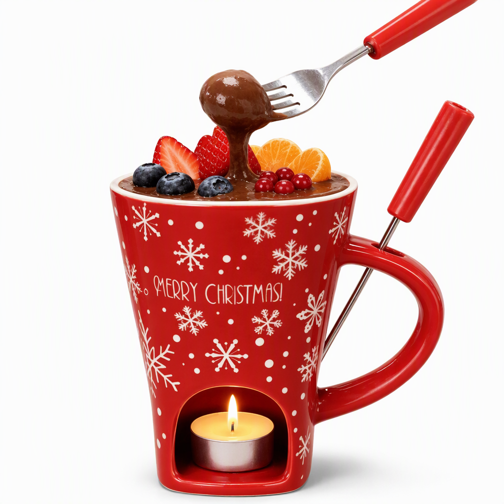 Set de Taza de Cerámica para Fondue de Chocolate Navideño
