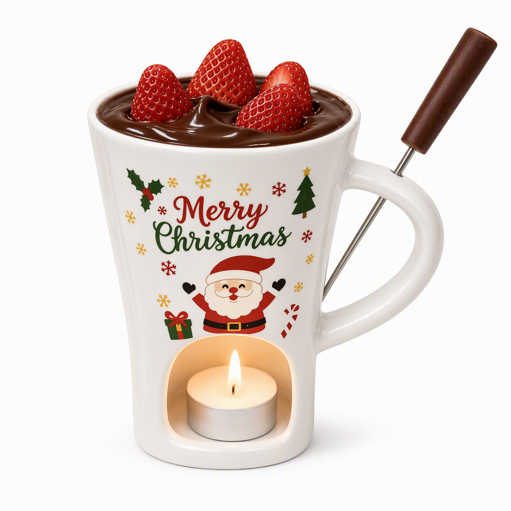 Set de Taza de Cerámica para Fondue de Chocolate Navideño