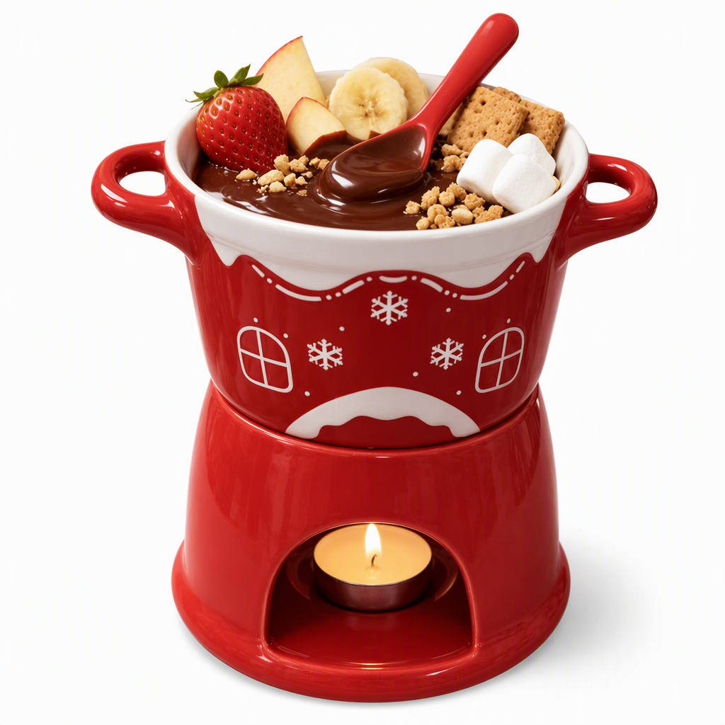 Set de Taza de Cerámica para Fondue de Chocolate Navideño