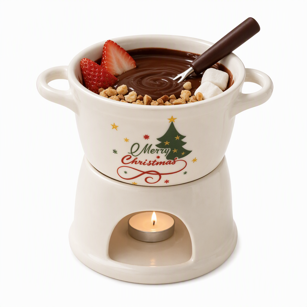 Set de Taza de Cerámica para Fondue de Chocolate Navideño