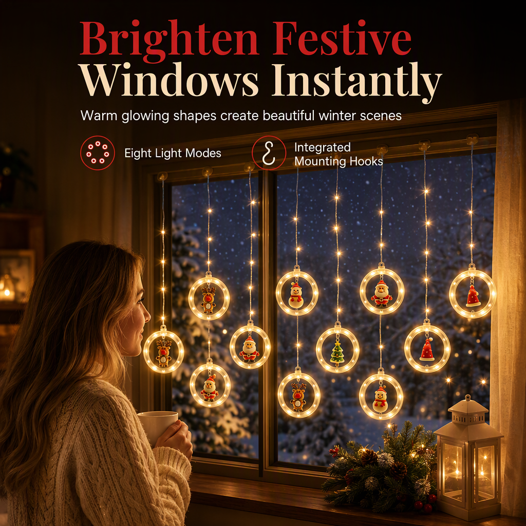 🎄 ¡50% DE DESCUENTO AHORA! ✨ Tira de luces LED navideñas para ventanas – 8 modos con control remoto, figuras festivas y bajo voltaje seguro – Para ventanas y repisas 🎁