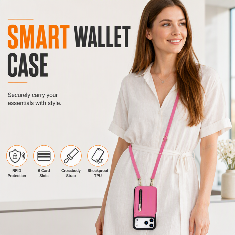 Funda cartera plegable para móvil con diseño bandolera y soporte