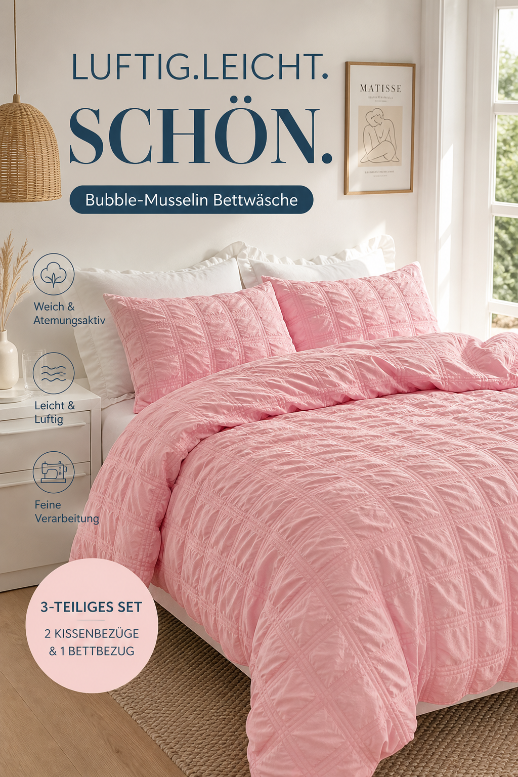 🔥 ¡50 % DE DESCUENTO! 🛏️ Juego de funda nórdica seersucker minimalista – Ropa de cama de 3 piezas suave y transpirable ✨