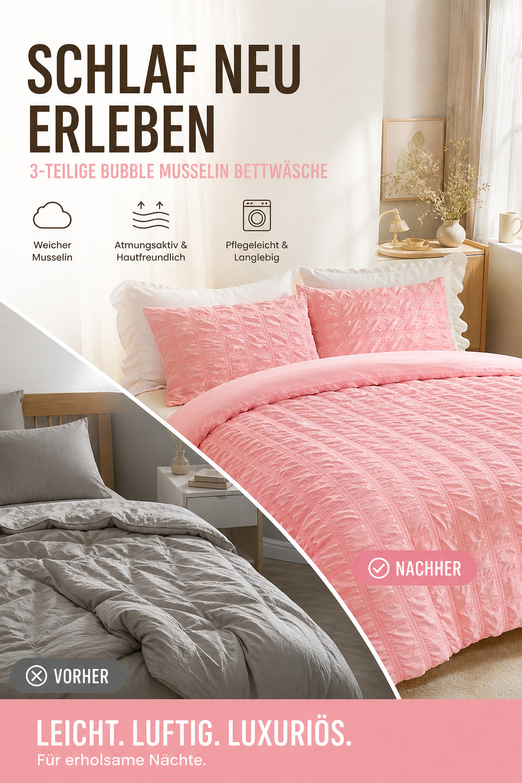 🔥 ¡50 % DE DESCUENTO! 🛏️ Juego de funda nórdica seersucker minimalista – Ropa de cama de 3 piezas suave y transpirable ✨