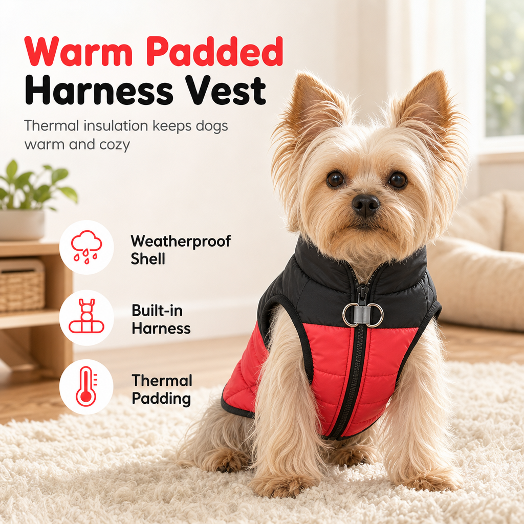 Chaleco Térmico Acolchado para Perros — Abrigo Cortavientos de Otoño e Invierno con Arnés Integrado