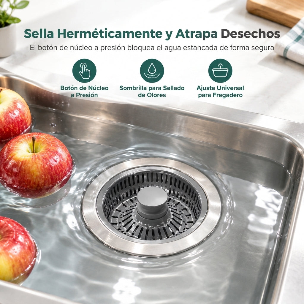 Tapón de desagüe para fregadero de cocina con cuerpo de acero inoxidable y filtro de colador de ABS