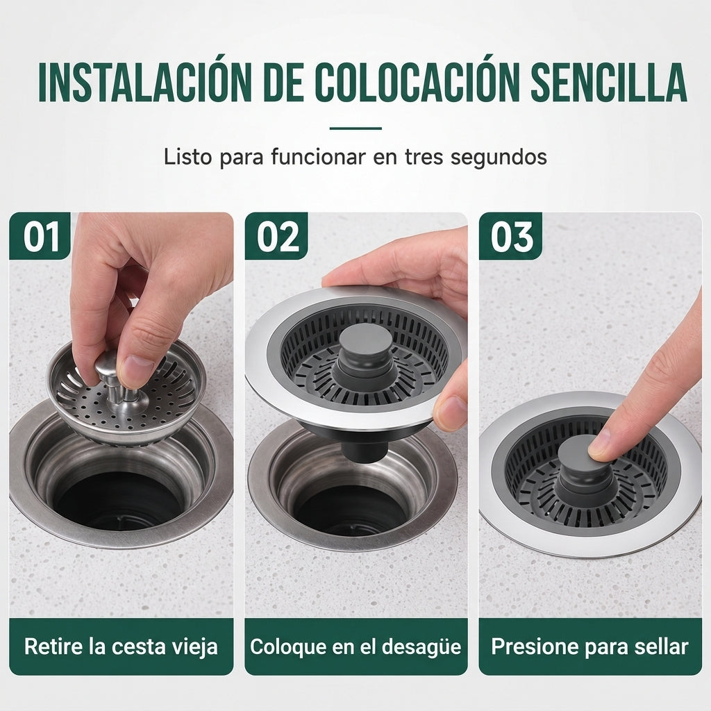 Tapón de desagüe para fregadero de cocina con cuerpo de acero inoxidable y filtro de colador de ABS