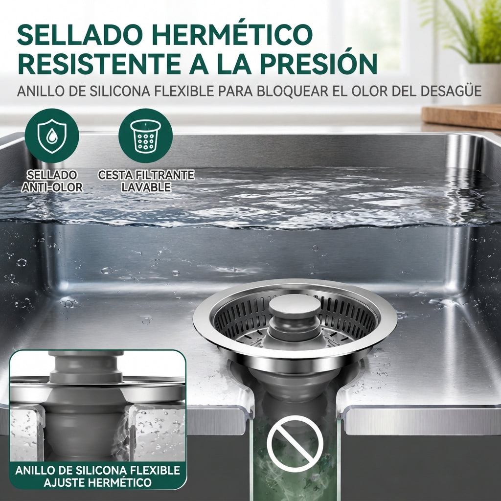 Tapón de desagüe para fregadero de cocina con cuerpo de acero inoxidable y filtro de colador de ABS