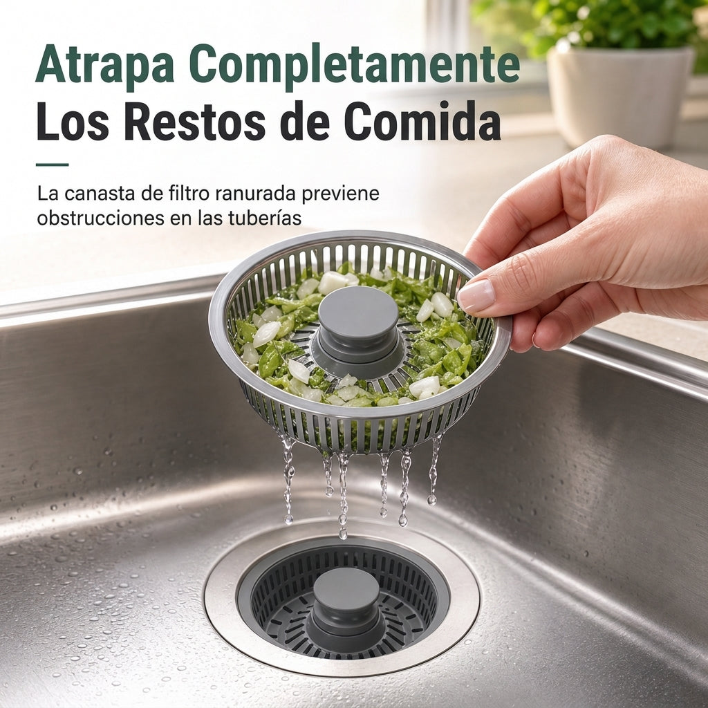 Tapón de desagüe para fregadero de cocina con cuerpo de acero inoxidable y filtro de colador de ABS