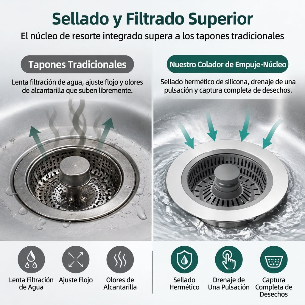 Tapón de desagüe para fregadero de cocina con cuerpo de acero inoxidable y filtro de colador de ABS