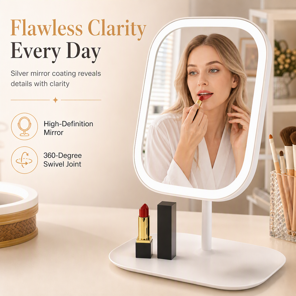 🌸 ¡50% DE DESCUENTO AHORA! 🌸 Espejo de maquillaje portátil de escritorio con luz LED – Espejo compacto para tocador y dormitorio