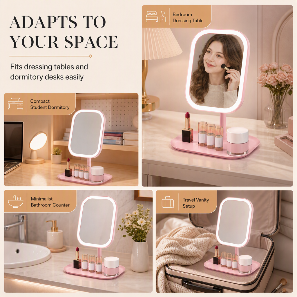 🌸 ¡50% DE DESCUENTO AHORA! 🌸 Espejo de maquillaje portátil de escritorio con luz LED – Espejo compacto para tocador y dormitorio