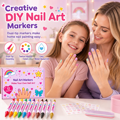 ⏳ Tiempo limitado 50% de descuento 🎨 Conjunto de plumas de arte de uñas de punta doble para niños de 12 colores, marcadores de doble extremo para pintura de uñas de bricolaje