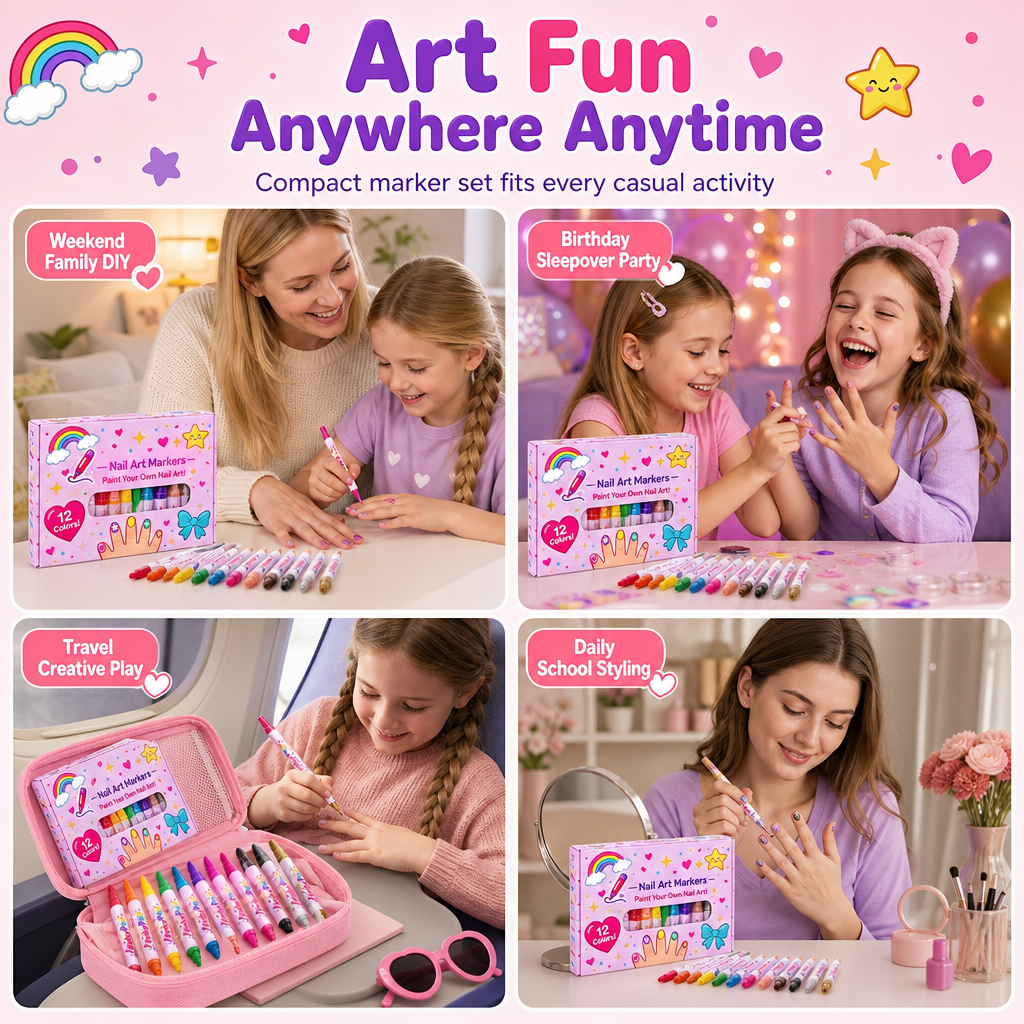 ⏳ Tiempo limitado 50% de descuento 🎨 Conjunto de plumas de arte de uñas de punta doble para niños de 12 colores, marcadores de doble extremo para pintura de uñas de bricolaje