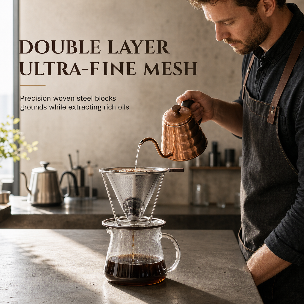 Filtro de café reutilizable de acero inoxidable 304 de doble capa – Cono de goteo para 1 a 4 tazas