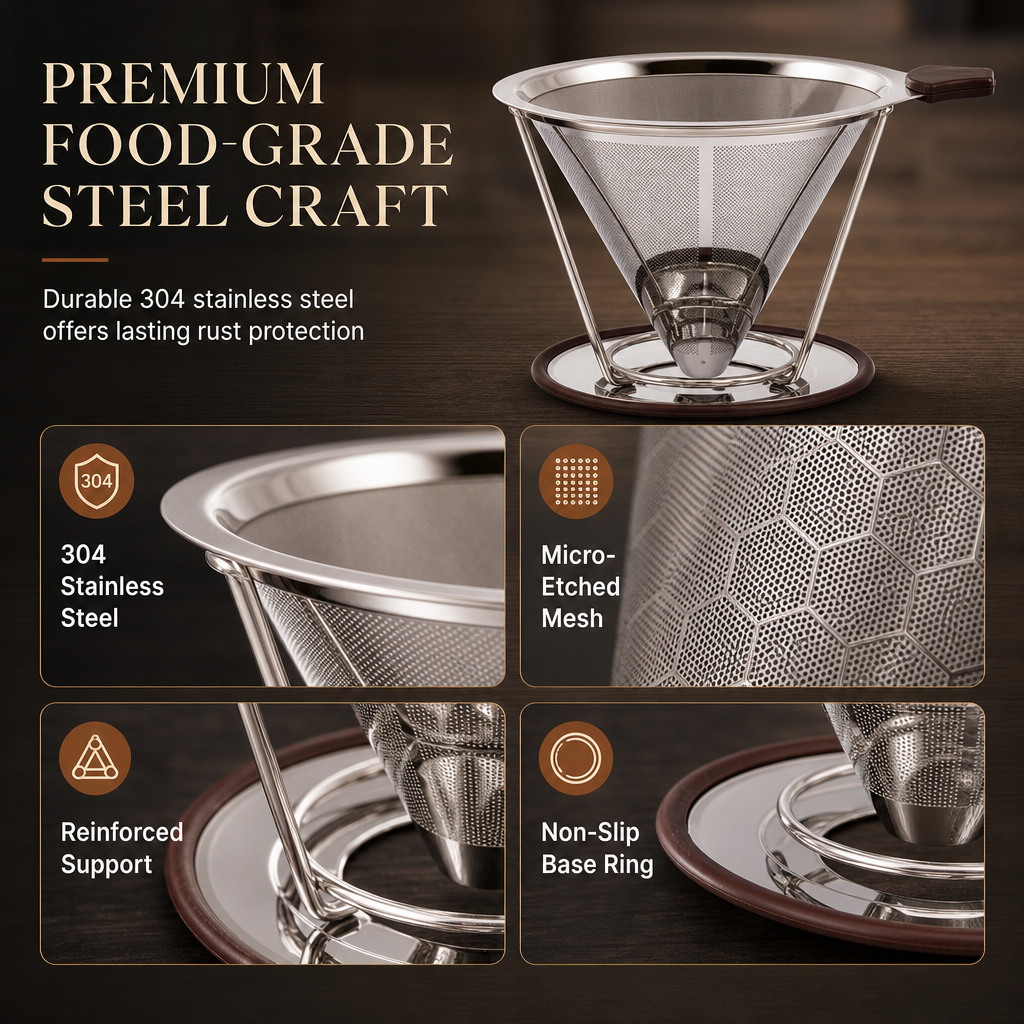 Filtro de café reutilizable de acero inoxidable 304 de doble capa – Cono de goteo para 1 a 4 tazas