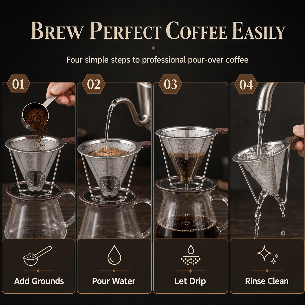 Filtro de café reutilizable de acero inoxidable 304 de doble capa – Cono de goteo para 1 a 4 tazas