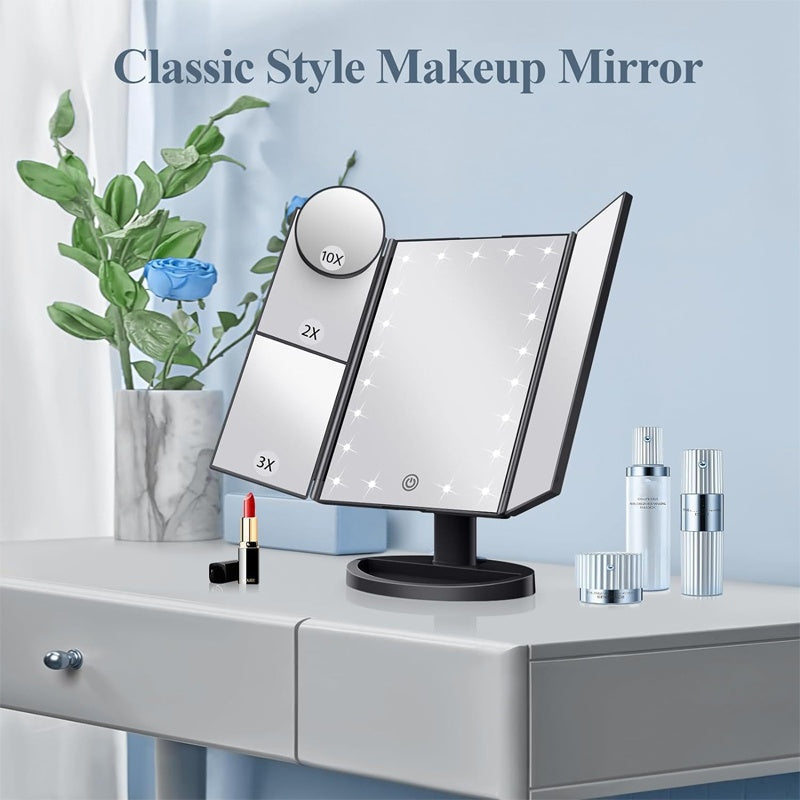 Espejo de maquillaje plegable de tres caras con luces LED – Aumentos múltiples y rotación de 180°