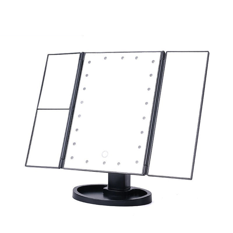Espejo de maquillaje plegable de tres caras con luces LED – Aumentos múltiples y rotación de 180°