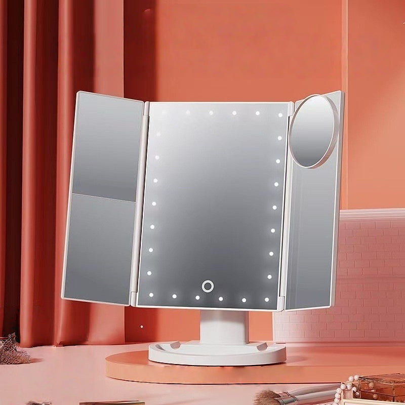 Espejo de maquillaje plegable de tres caras con luces LED – Aumentos múltiples y rotación de 180°