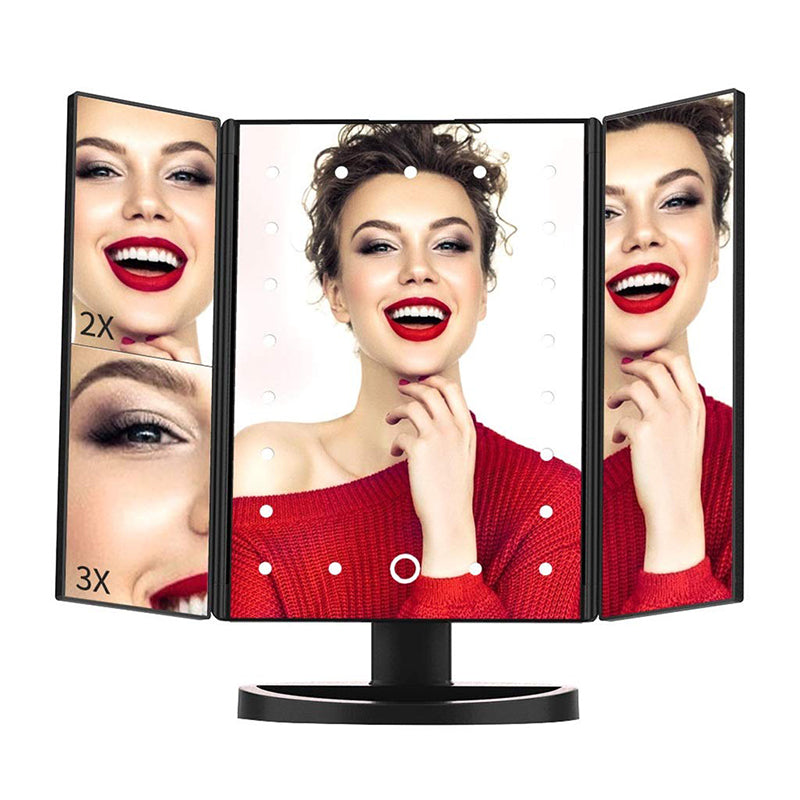Espejo de maquillaje plegable de tres caras con luces LED – Aumentos múltiples y rotación de 180°