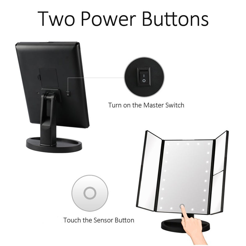 Espejo de maquillaje plegable de tres caras con luces LED – Aumentos múltiples y rotación de 180°